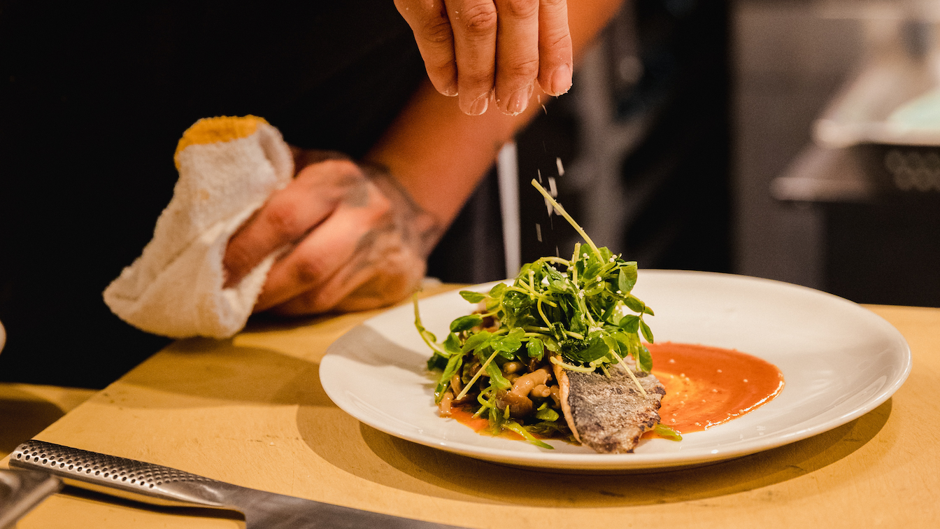 A chef sprinkles salt atop a plate with meat and micro-greens.