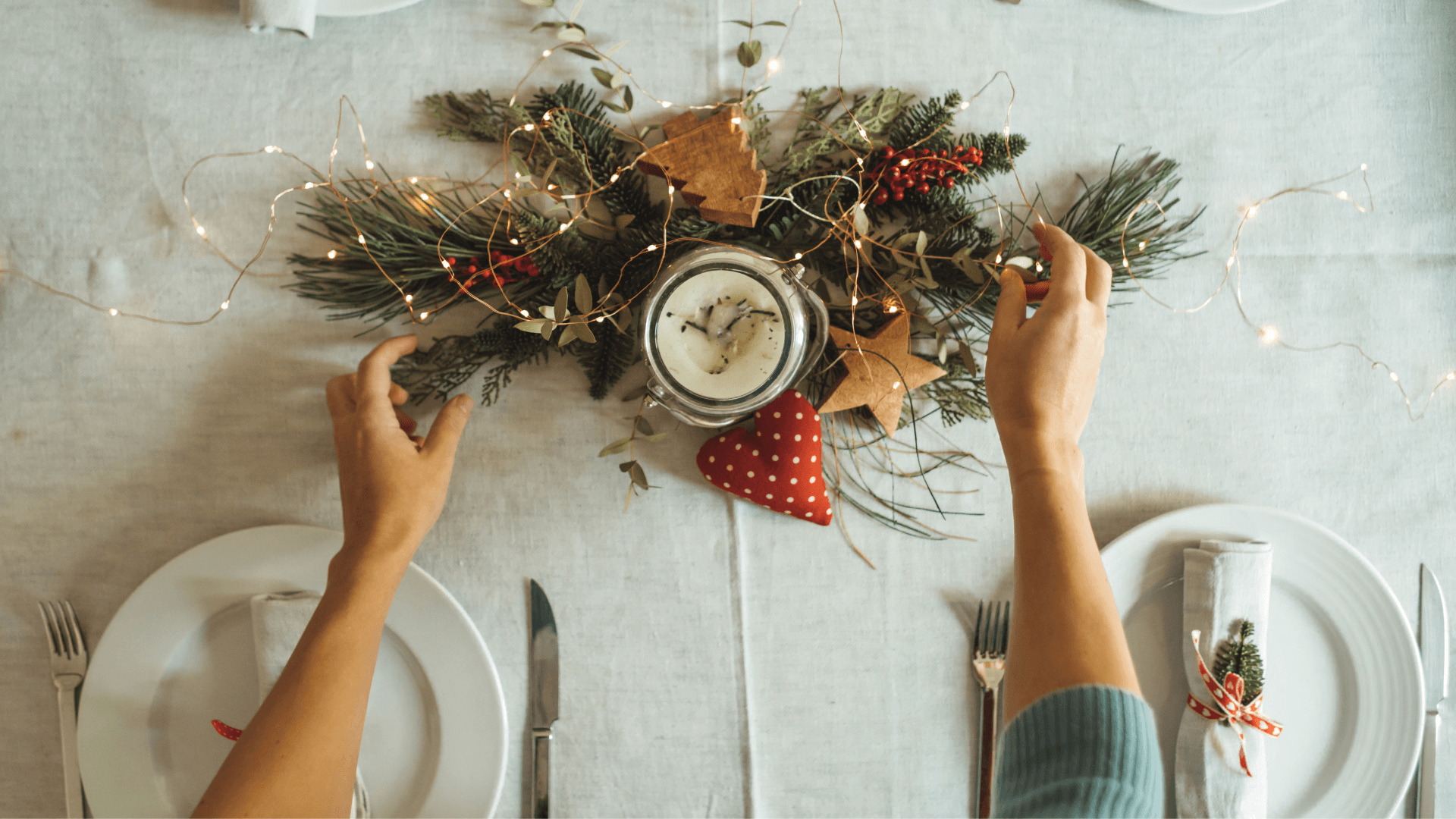 Christmas center piece on a white table cloth