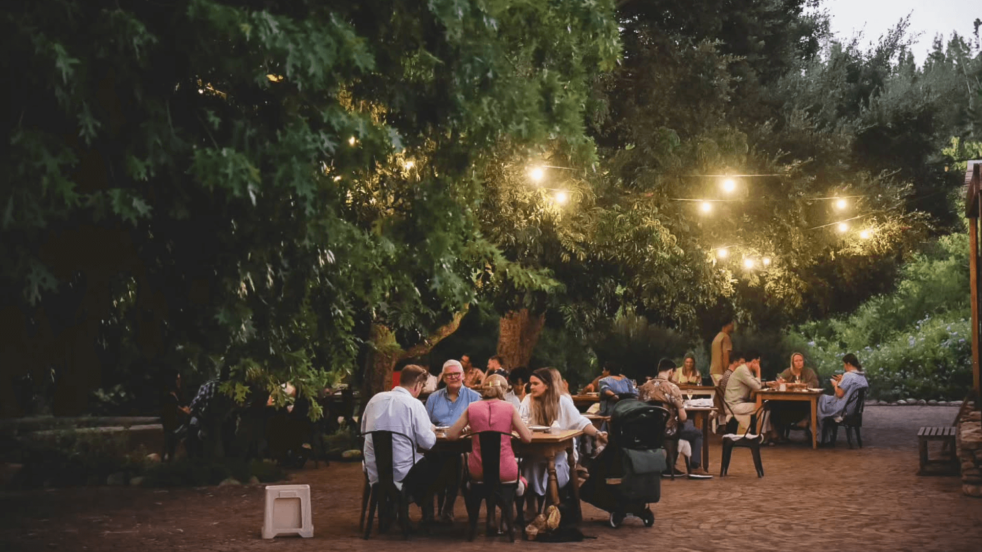 Outdoor restaurant with people dining under trees and string lights in a cosy evening setting.