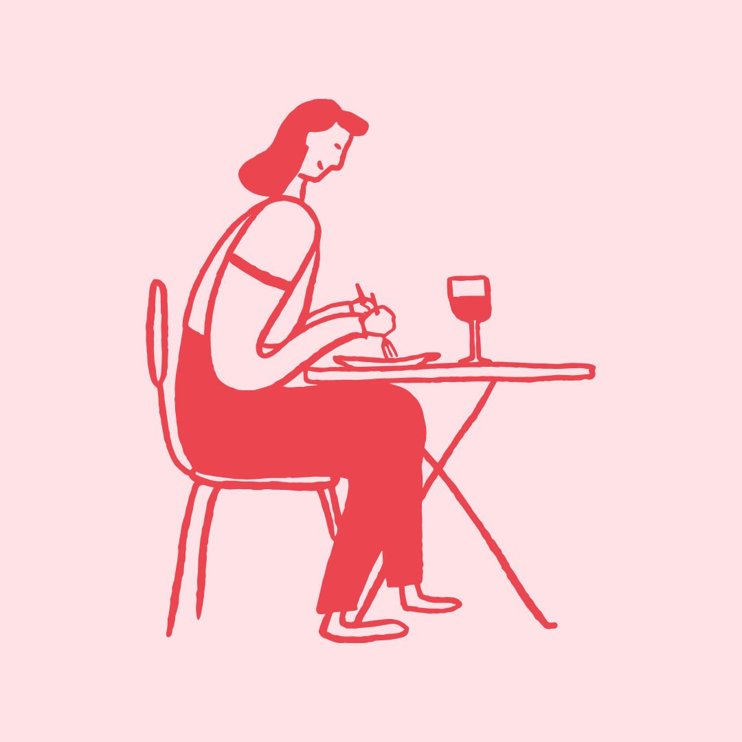 Illustration of a girl sitting at a table eating.